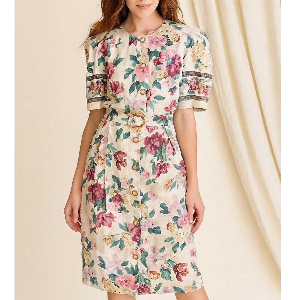 Vintae 1980s Damon II Cottagecore Midi Dress with Puff Sleeves M/L